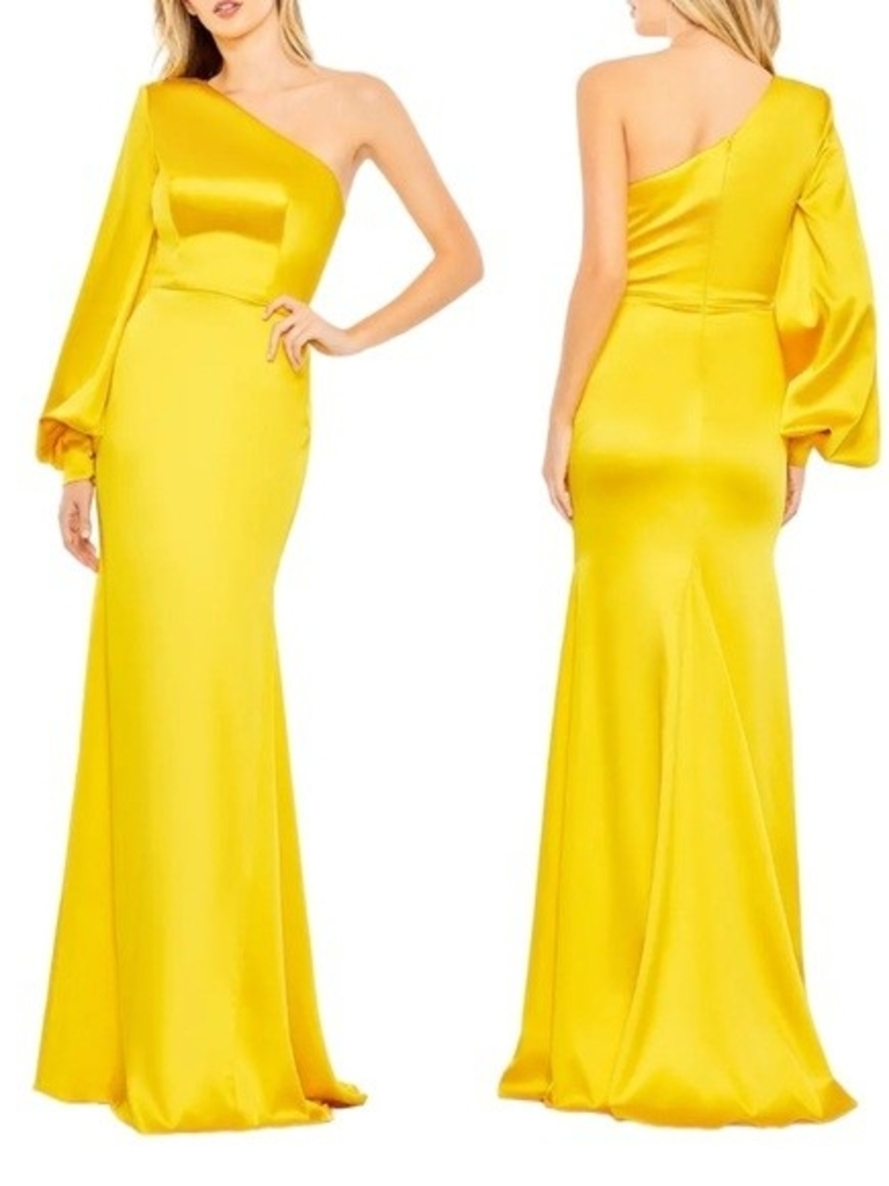 Mac Duggal One-Shoulder Yellow Satin Evening Gown